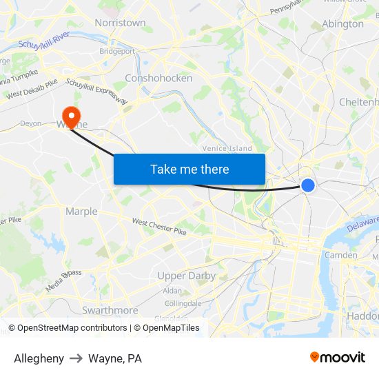 Allegheny to Wayne, PA map