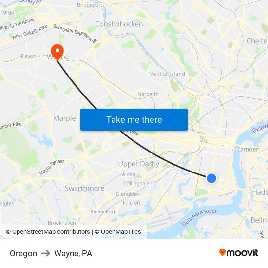Oregon to Wayne, PA map