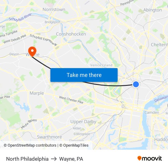 North Philadelphia to Wayne, PA map