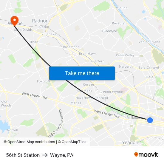 56th St Station to Wayne, PA map