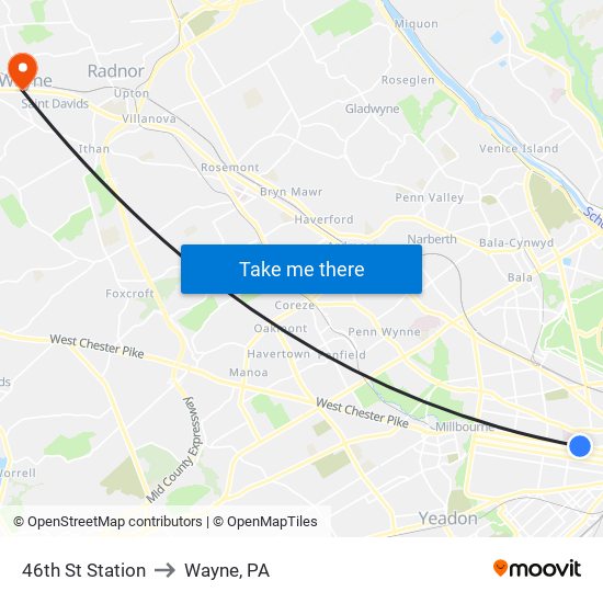 46th St Station to Wayne, PA map
