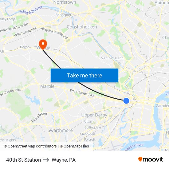 40th St Station to Wayne, PA map