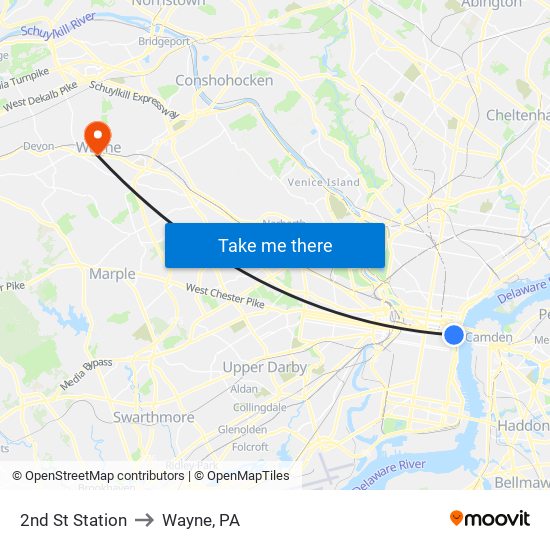 2nd St Station to Wayne, PA map