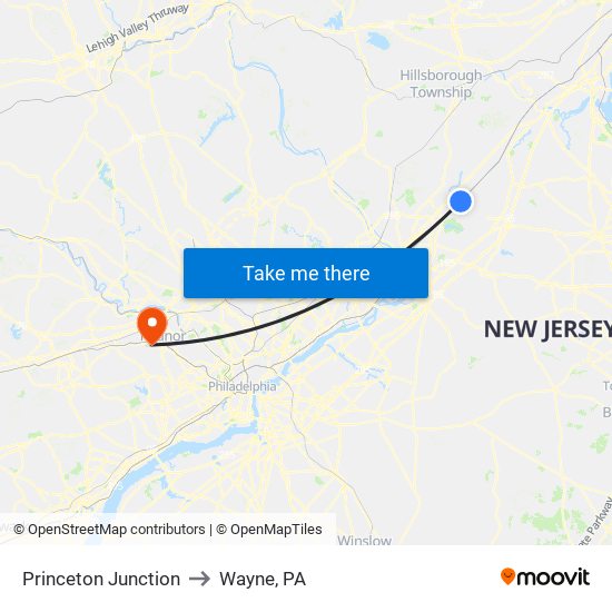 Princeton Junction to Wayne, PA map