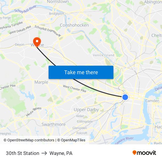 30th St Station to Wayne, PA map