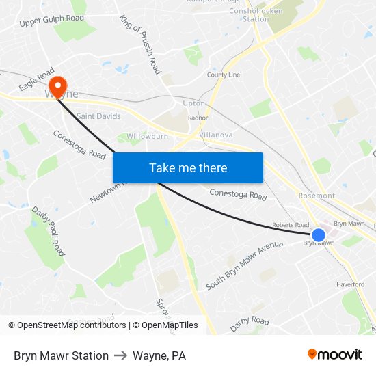 Bryn Mawr Station to Wayne, PA map