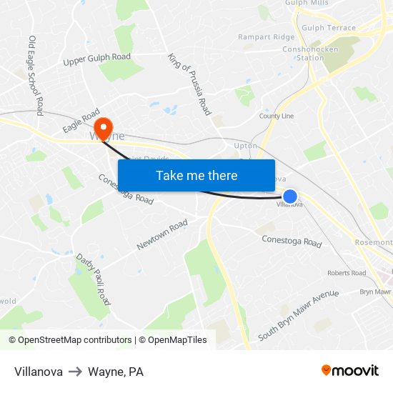 Villanova to Wayne, PA map