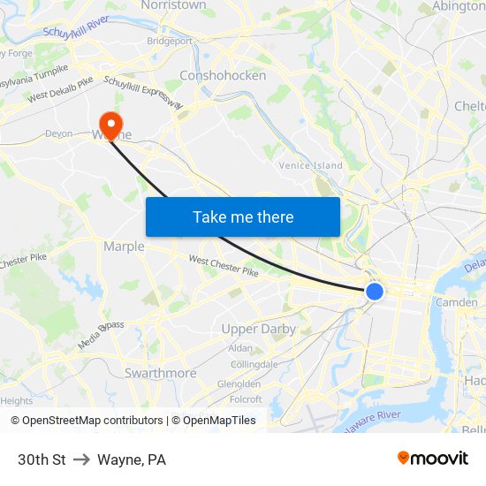 30th St to Wayne, PA map
