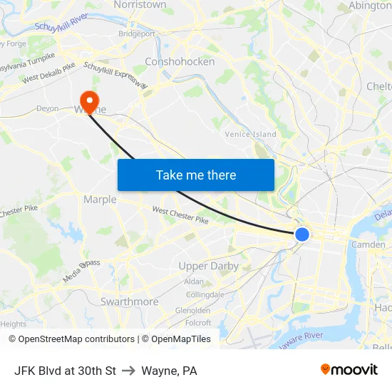 JFK Blvd at 30th St to Wayne, PA map