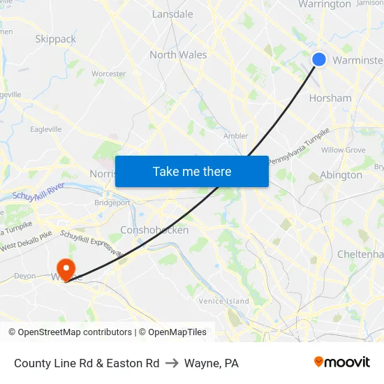County Line Rd & Easton Rd to Wayne, PA map