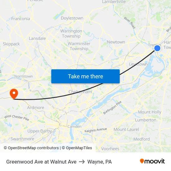 Greenwood Ave at Walnut Ave to Wayne, PA map