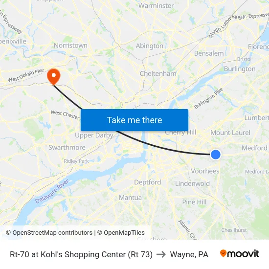 Rt-70 at Kohl's Shopping Center (Rt 73) to Wayne, PA map