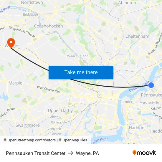Pennsauken Transit Center to Wayne, PA map