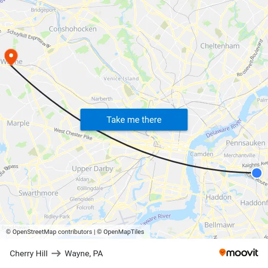 Cherry Hill to Wayne, PA map