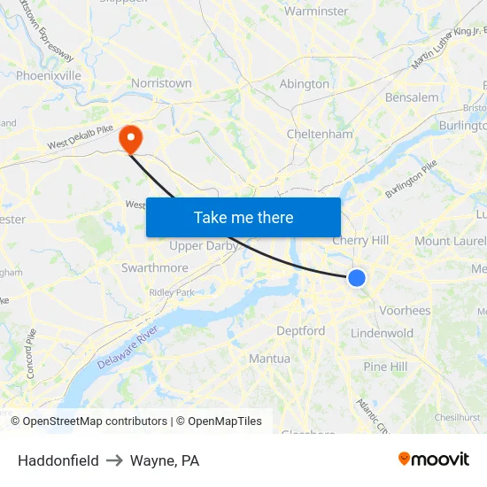 Haddonfield to Wayne, PA map