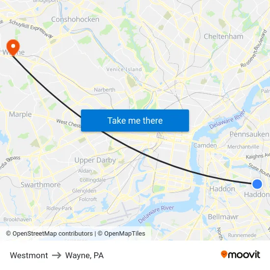 Westmont to Wayne, PA map