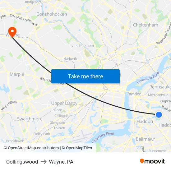 Collingswood to Wayne, PA map