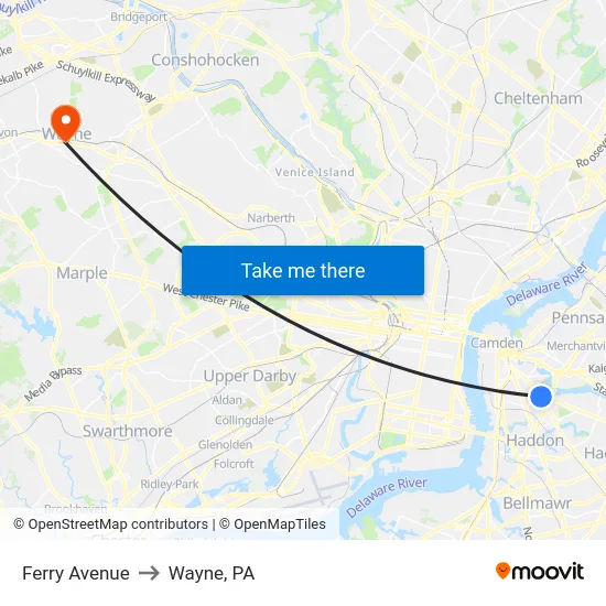 Ferry Avenue to Wayne, PA map