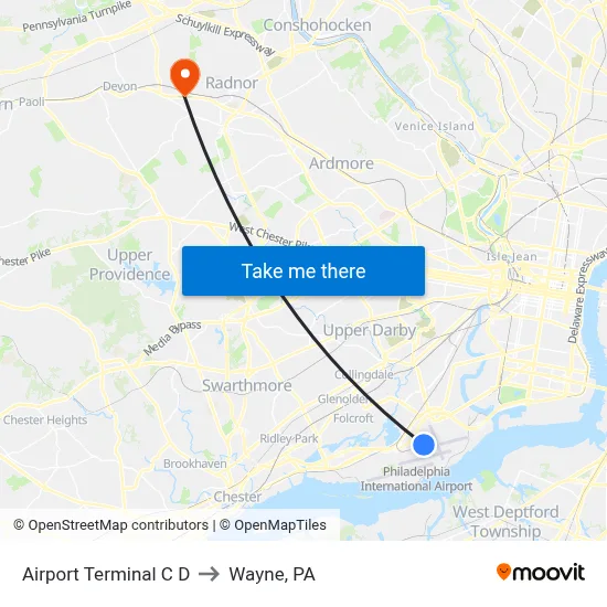 Airport Terminal C D to Wayne, PA map