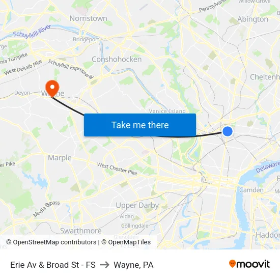 Erie Av & Broad St - FS to Wayne, PA map