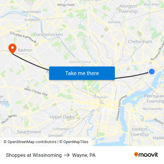 Shoppes at Wissinoming to Wayne, PA map