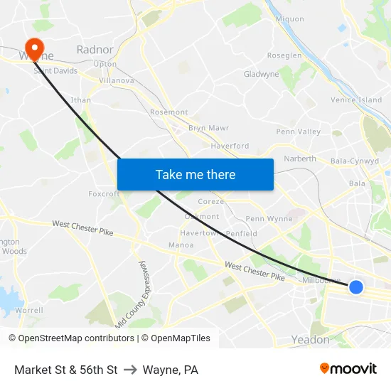 Market St & 56th St to Wayne, PA map