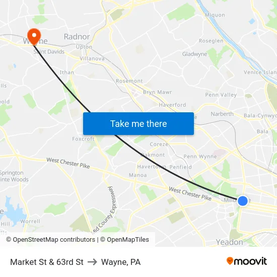 Market St & 63rd St to Wayne, PA map