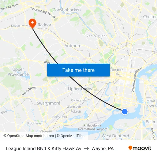 League Island Blvd & Kitty Hawk Av to Wayne, PA map