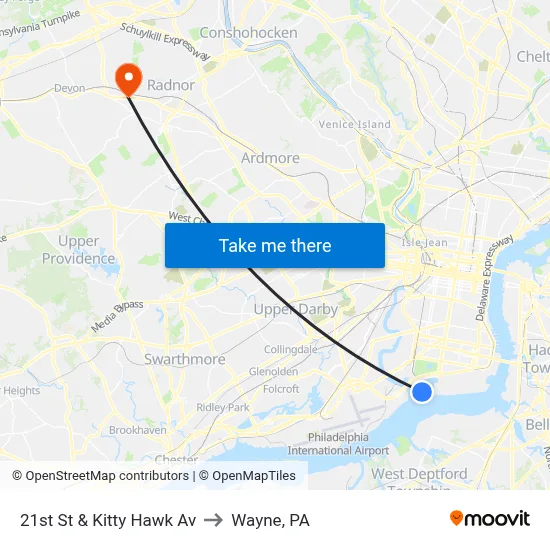 21st St & Kitty Hawk Av to Wayne, PA map