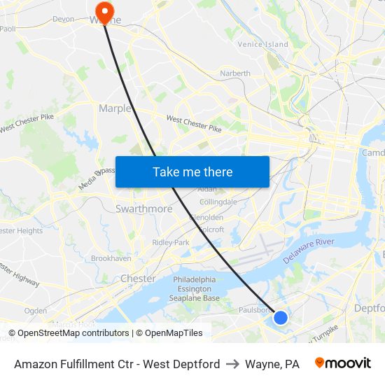 Amazon Fulfillment Ctr - West Deptford to Wayne, PA map