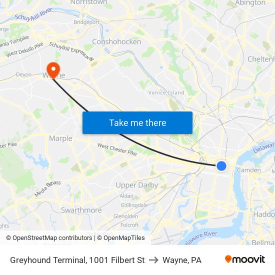 Greyhound Terminal, 1001 Filbert St to Wayne, PA map
