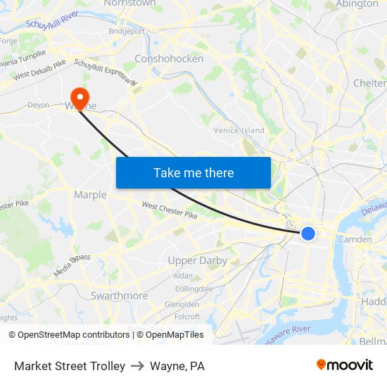 Market Street Trolley to Wayne, PA map