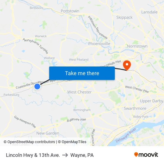 Lincoln Hwy & 13th Ave. to Wayne, PA map