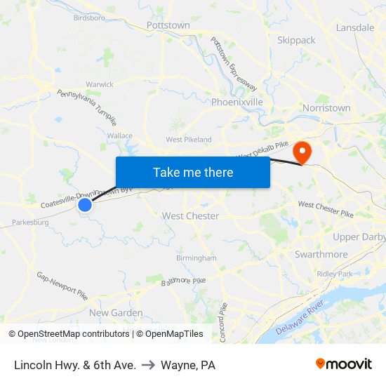 Lincoln Hwy. & 6th Ave. to Wayne, PA map
