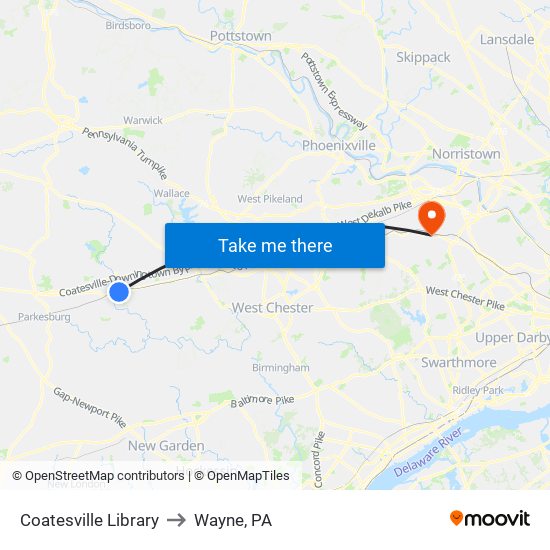 Coatesville Library to Wayne, PA map