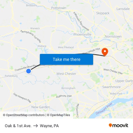 Oak & 1st Ave. to Wayne, PA map
