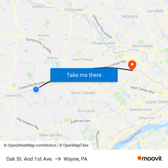 Oak St. And 1st Ave. to Wayne, PA map