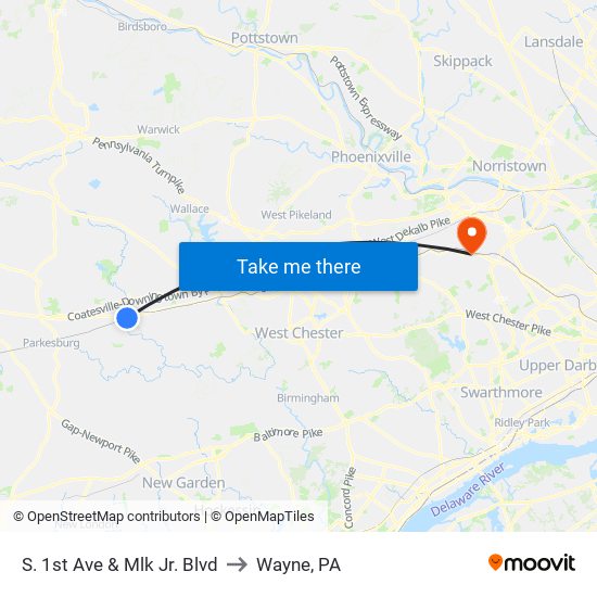 S. 1st Ave & Mlk Jr. Blvd to Wayne, PA map
