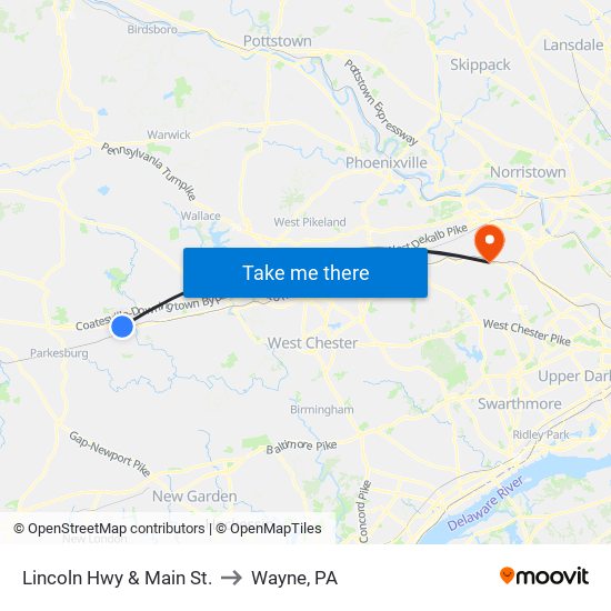Lincoln Hwy & Main St. to Wayne, PA map