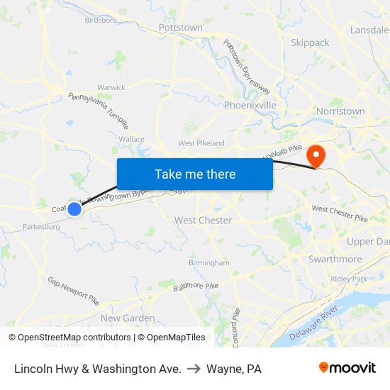 Lincoln Hwy & Washington Ave. to Wayne, PA map