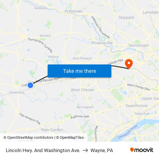 Lincoln Hwy. And Washington Ave. to Wayne, PA map