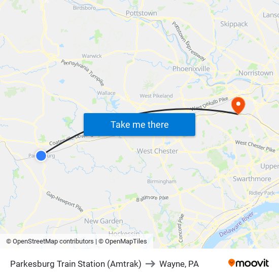 Parkesburg Train Station (Amtrak) to Wayne, PA map