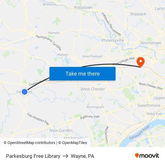 Parkesburg Free Library to Wayne, PA map