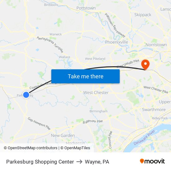 Parkesburg Shopping Center to Wayne, PA map