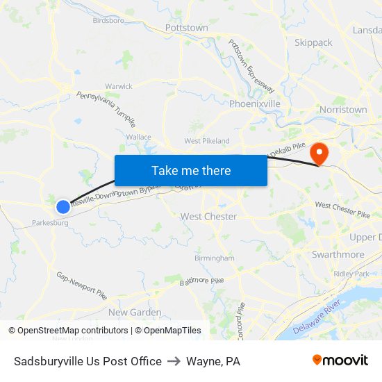 Sadsburyville  Us Post Office to Wayne, PA map