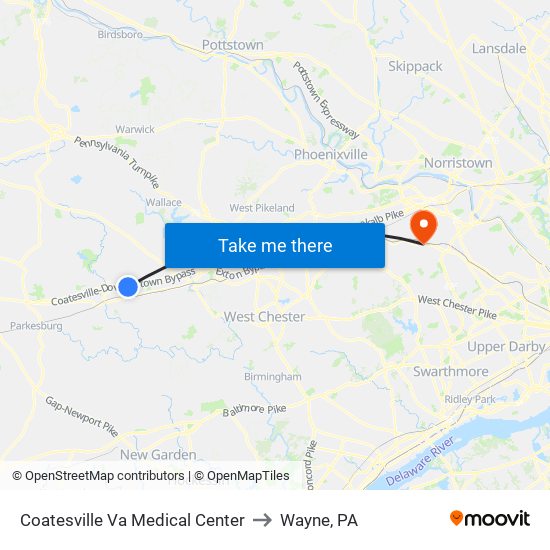Coatesville Va Medical Center to Wayne, PA map