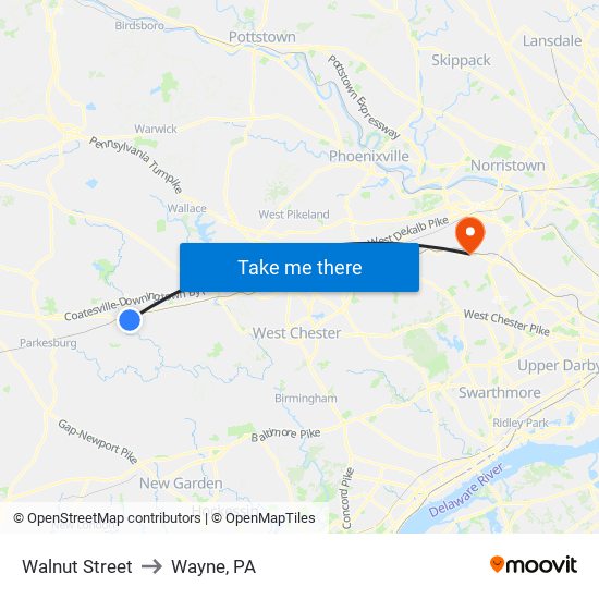 Walnut Street to Wayne, PA map