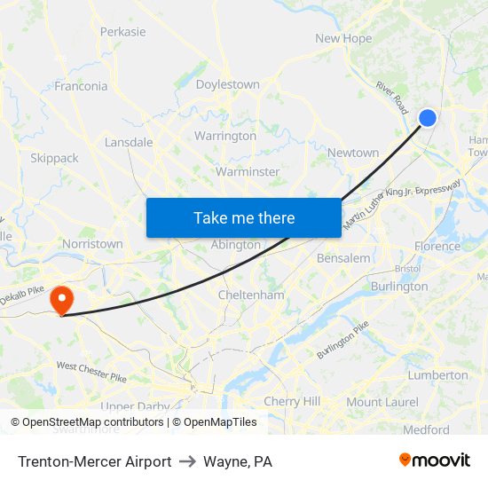 Trenton-Mercer Airport to Wayne, PA map