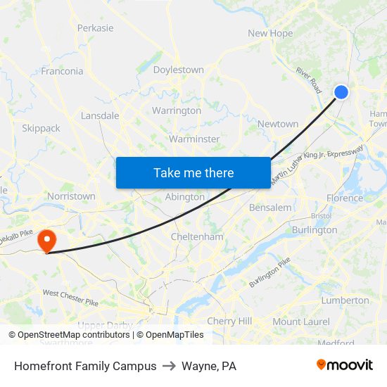Homefront Family Campus to Wayne, PA map