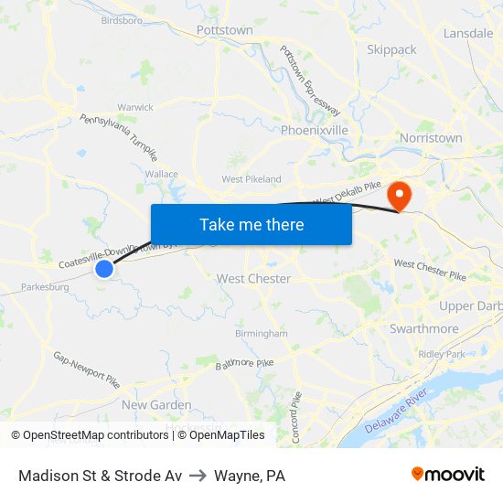 Madison St & Strode Av to Wayne, PA map